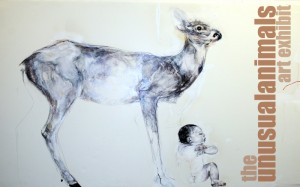 Frontside of the postcard for the Unusual Animals Exhibit at the 930 Gallery in Louisville, Kentucky. Art by Douglas Miller